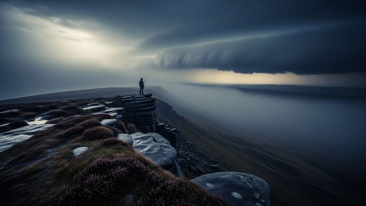 A lone hiker standing on a rugged ridge facing a dark incoming storm, representing resilience and voluntary discomfort.