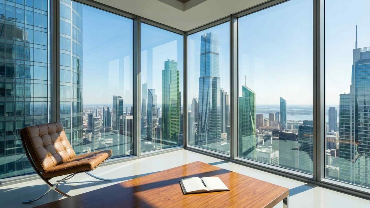 Panoramic view of a bright modern city skyline from a high-rise office, representing strategic clarity and vision.
