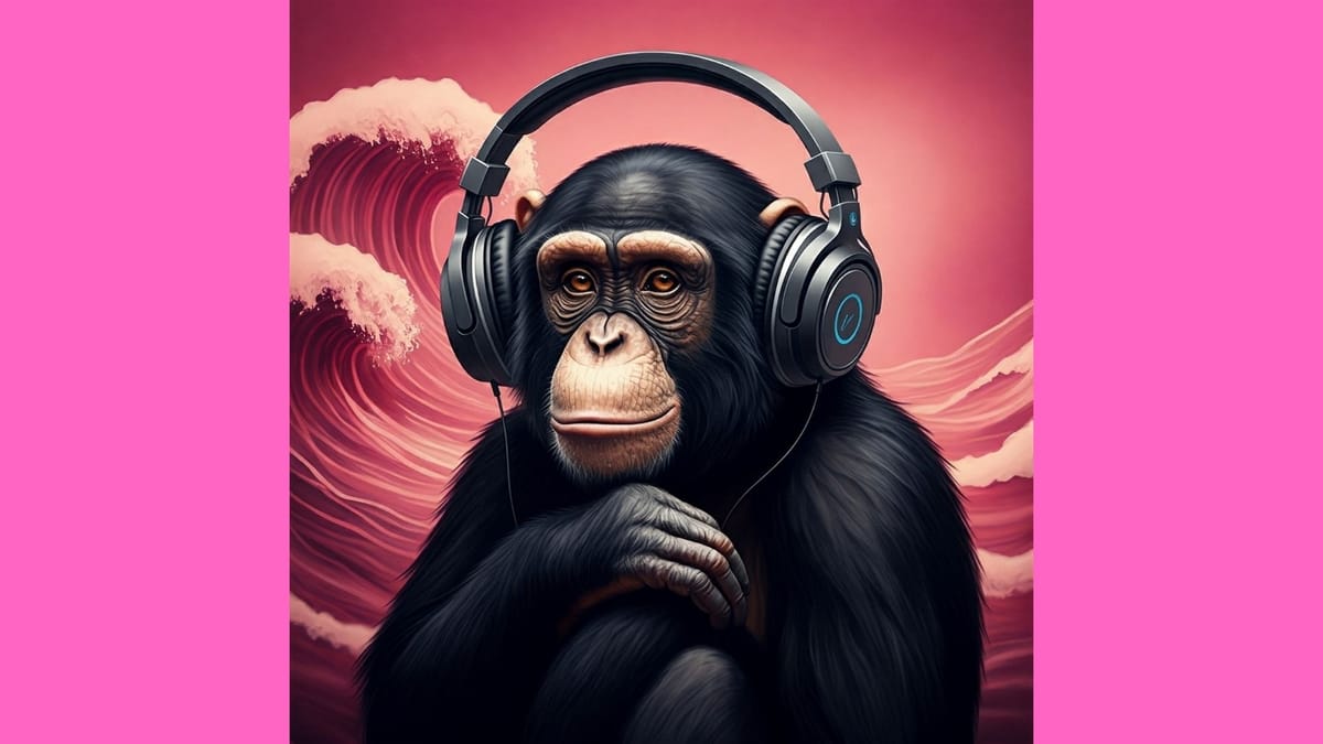 Digital illustration of a 'content monkey' wearing headphones, symbolizing the deep focus and concentration achieved by listening to pink noise.