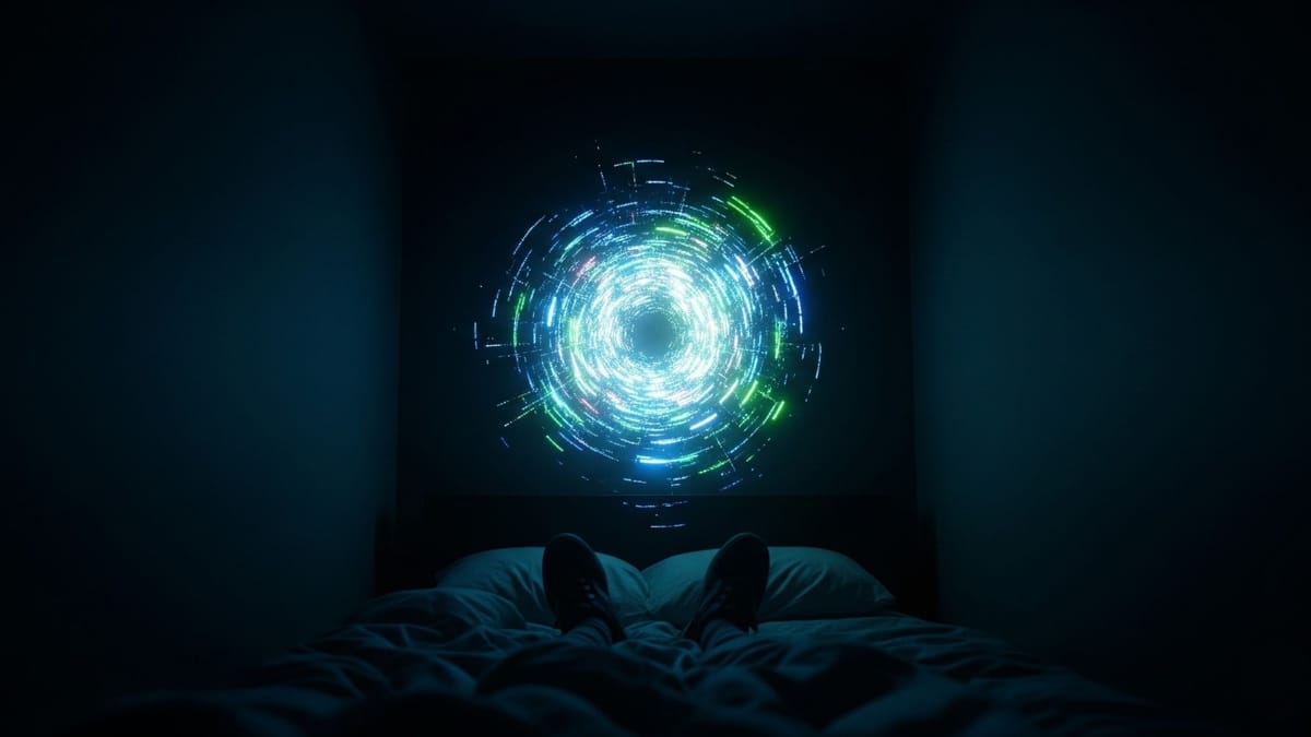 Person awake in dark bed illuminated by blue digital light, showing tired but wired overstimulation.