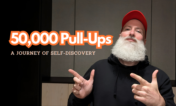 Phil Jessé wearing an orange baseball cap and pointing at the text overlay "50,000 Pull-Ups: A Journey of Self-Discovery."