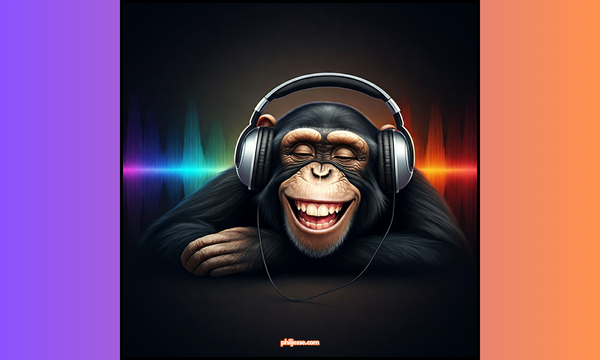 A playful monkey, wearing headphones, lies down on a colorful, abstract background of sound waves.