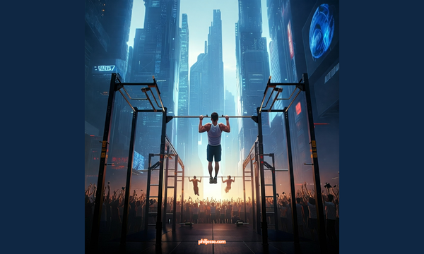 Athletes compete in a futuristic pull-up endurance game, surrounded by a cheering crowd and towering skyscrapers.