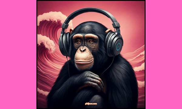 Content monkey wearing headphones listening to pink noise for focus and concentration, with pink waves in the background.