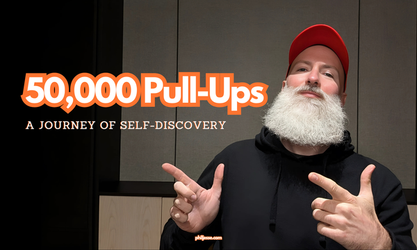 Phil Jessé wearing an orange baseball cap and pointing at the text overlay "50,000 Pull-Ups: A Journey of Self-Discovery."