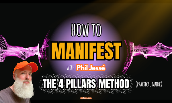 'HOW TO MANIFEST WITH Phil Jessé' & 'THE 4 PILLARS METHOD' text. Phil Jessé photo (orange cap) bottom left. philjesse.com. Dark background, purple circle, pink soundwaves.