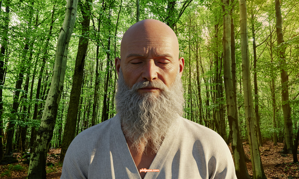 A bald man with a grey beard is meditating peacefully in a vibrant, tranquil forest.