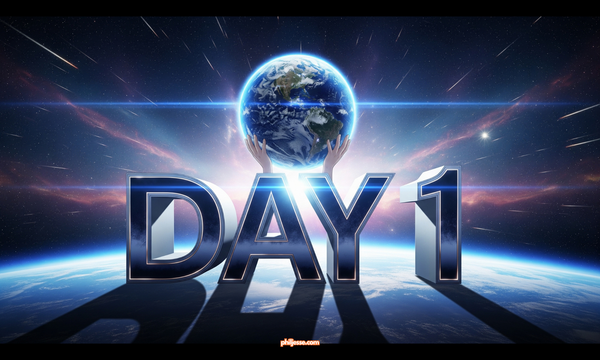 An anime-style illustration of Earth resting on the sleek, glowing words 'DAY 1'. The scene is set in a dramatic, vibrant cosmos, creating an epic and motivational feeling.