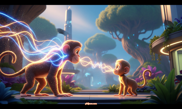 Two cartoon monkeys in a futuristic jungle. A glowing monkey sends radiant golden and blue energy to another, who calmly receives it, symbolizing a magical, empathetic connection.