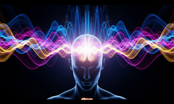 An abstract silhouette of a person's head radiates vibrant waves of blue, magenta, and gold light, symbolizing powerful mental energy.