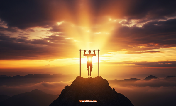 A powerful silhouette of an athletic man completes a pull-up on a mountain peak. A dramatic sunrise backlights him, casting a golden halo as clouds and mist swirl far below.