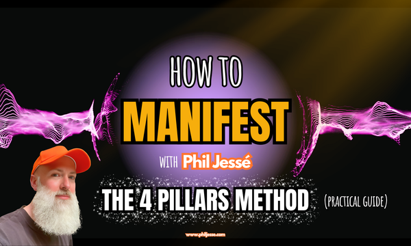 'HOW TO MANIFEST WITH Phil Jessé' & 'THE 4 PILLARS METHOD' text. Phil Jessé photo (orange cap) bottom left. www.philjesse.com. Dark background, purple circle, pink soundwaves.