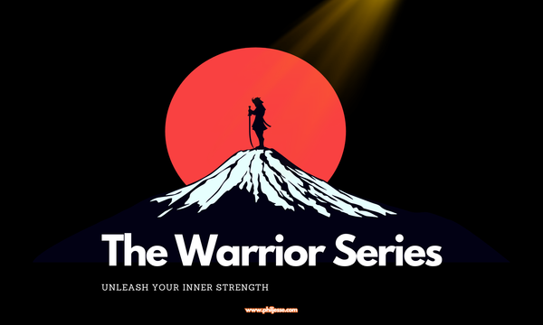 Silhouette of a warrior on a mountain peak, sword raised. Text overlay "The Warrior Series: Unleash Your Inner Strength."