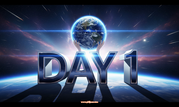 An anime-style illustration of Earth resting on the sleek, glowing words 'DAY 1'. The scene is set in a dramatic, vibrant cosmos, creating an epic and motivational feeling.