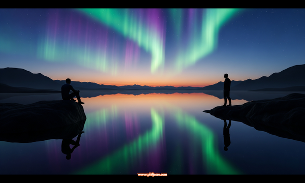 Two silhouetted figures on opposite shores of a still lake at twilight, gazing at the reflection of a vibrant aurora borealis.