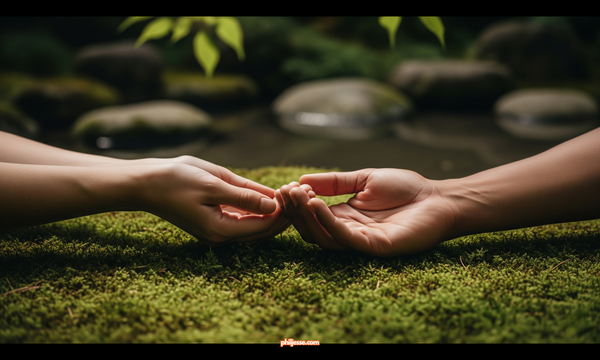 Two hands held gently above a bed of green moss. In the soft-focus background is a tranquil Japanese zen garden with calm water and smooth stones.