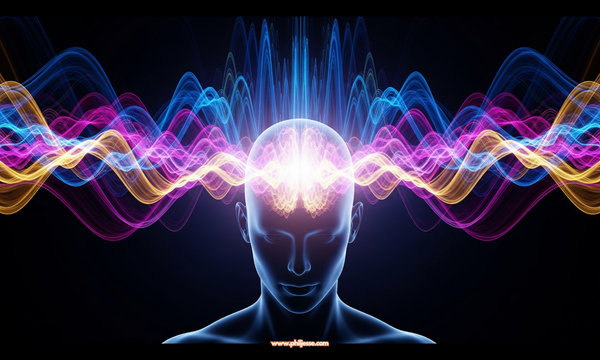 An abstract silhouette of a person's head radiates vibrant waves of blue, magenta, and gold light, symbolizing powerful mental energy.