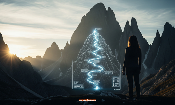 A person's silhouette consults a futuristic holographic map showing a glowing route up a mountain. The sun rises over the vast, rocky range, signaling the start of an epic journey.