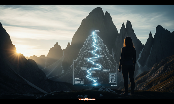 A person's silhouette consults a futuristic holographic map showing a glowing route up a mountain. The sun rises over the vast, rocky range, signaling the start of an epic journey.