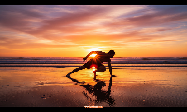 An athletic man's silhouette is captured in a dynamic starting pose on a beach against a vibrant orange sunrise. His form and the colorful sky are mirrored in the wet sand.