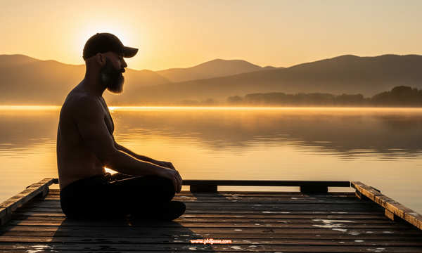 A lean, bald man with a grey beard and a baseball cap meditates in profile on a pier. He sits against a golden sunrise reflecting on a still lake and misty mountains.