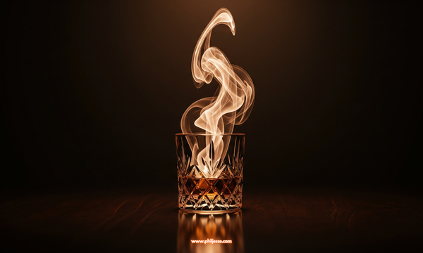 An ethereal wisp of smoke rises from a crystal whiskey glass, forming a glowing, ghost-like shape in a dimly lit, mysterious room.