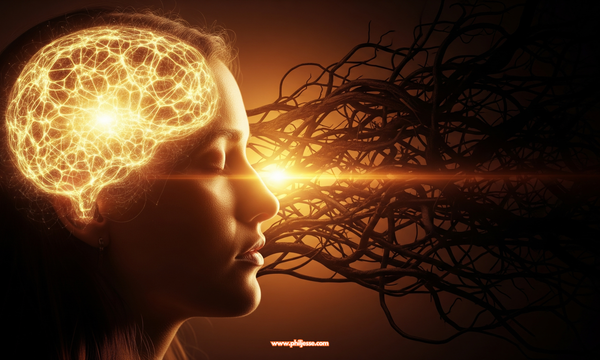 Conceptual art: Woman's profile, eyes closed. Her brain is a glowing golden web of energy, contrasted by dark roots extending behind. Bright lens flare cuts across.