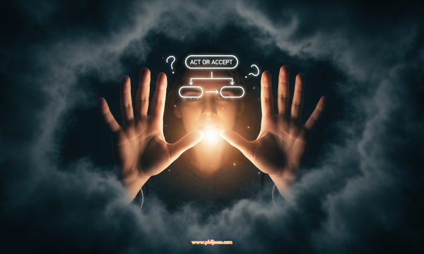 A glowing 'Act or Accept' flowchart held between two hands, pushing back a dark fog of anxiety. A visual metaphor for finding clarity and stress relief.
