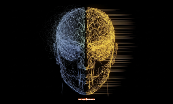 3D wireframe head on black. Chaotic blue lines on the left transform into structured golden patterns on the right, visualizing the shift from mental overwhelm to clarity and focus.