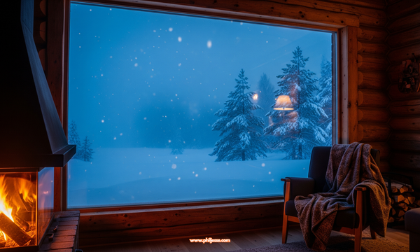 Cozy log cabin interior with a glowing fireplace and armchair, looking out a large window at a snowy winter twilight. Snow falls gently on pine trees, creating a peaceful sanctuary.