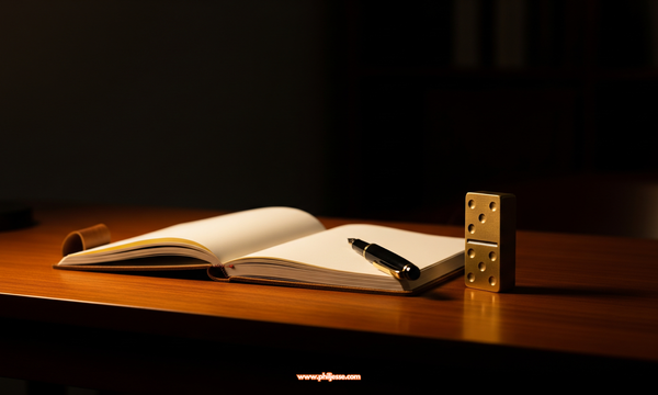 Cinematic close-up of a minimalist desk with an open leather journal and a single standing brass domino. Visualises strategic planning, the 'Ideas' system, and the 'lead domino' effect.