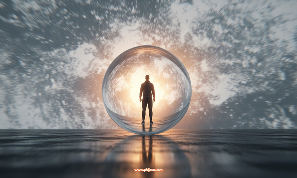 Surreal 3D render of a silhouette standing inside a large transparent sphere. The glass orb rests on a reflective surface with a glowing, motion-blurred background.
