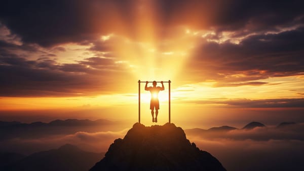 Silhouette of an athlete completing a pull-up on a mountain peak at sunrise, illustrating the resilience required for Phil Jessé's 50,000 Pull-Up Challenge.