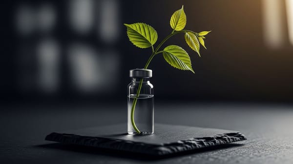 Close-up of a medical vial with a green plant growing from it, representing the balance between weight loss injections and a sustainable growth mindset.