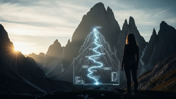 A futuristic silhouette consulting a holographic mountain map, symbolizing the strategic planning phase of a 'Project X' personal fitness challenge.