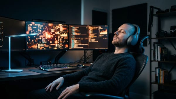 High performer using guided practice with headphones to lower cortisol and stop mid-day burnout.